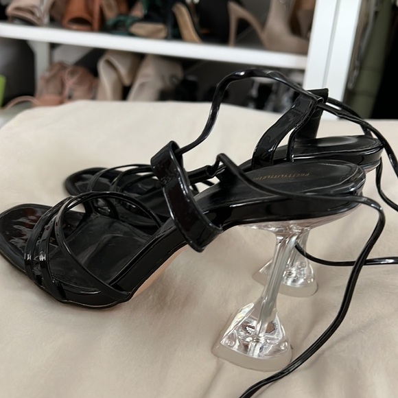 Black High Cake Stand Heel  Strappy Sandals - Picture 1 of 8
